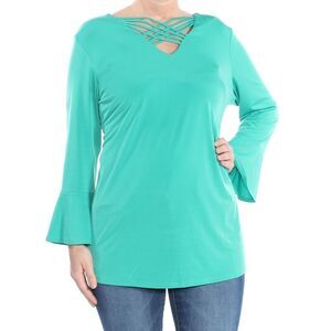 J LEE Womens Green Cut Out Top Bell Sleeve Long Sleeve V Neck Top L